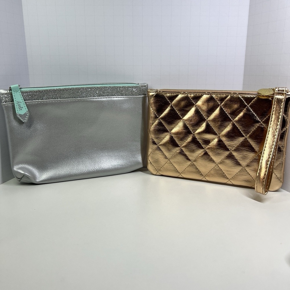 Ipsy Cosmetic‎ Bag Lot 2 Silver & Rose Gold Glitter Quilted Wristlet Pouch